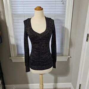 Ounce Black Gold Sparkle V-Neck Knit Sweater XS